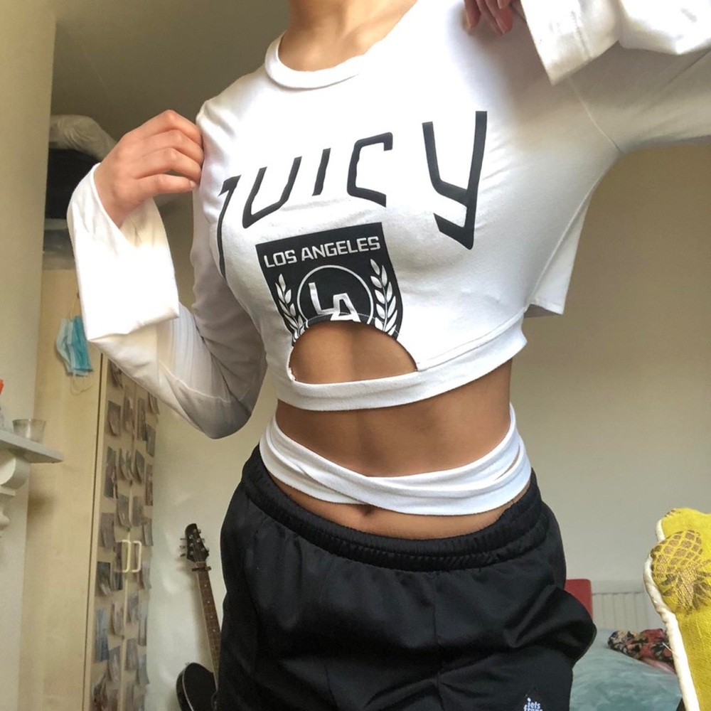 Juicy Couture Long Bell Sleeve Cut Out Wrap Crop Top NWOT Black White Shirt XS - Picture 3 of 17